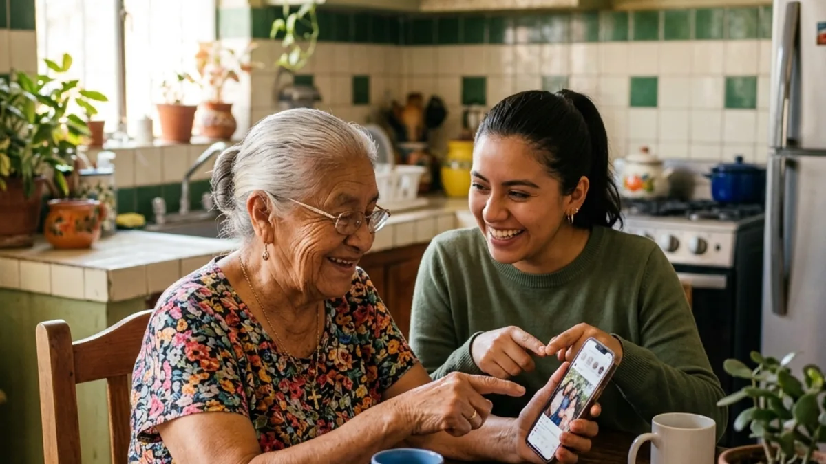 Tarjeta Bienestar 2026: Consultar Saldo, Activar y Montos Oficiales 13 Hija ayudando a su madre adulta mayor a usar la aplicación móvil del Banco del Bienestar en la cocina
