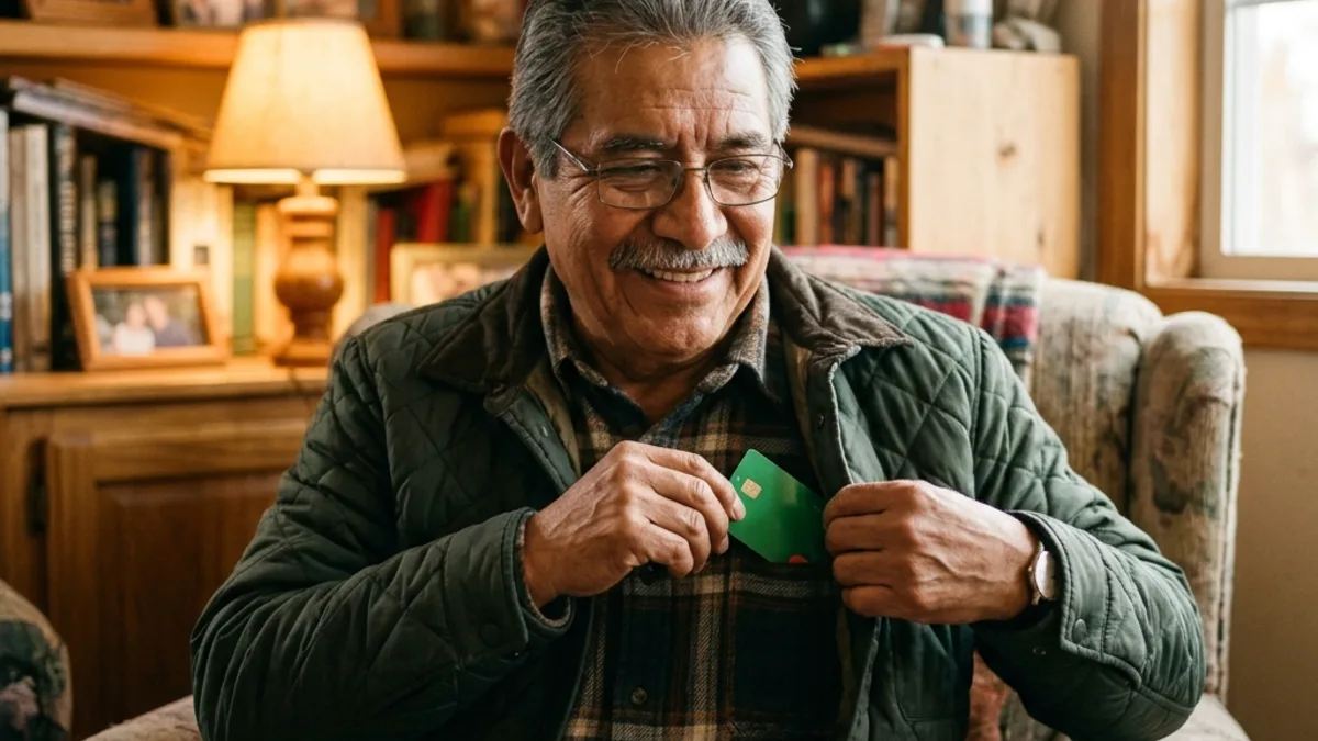 Tarjeta Bienestar 2026: Consultar Saldo, Activar y Montos Oficiales 14 Hombre de la tercera edad guardando su Tarjeta del Bienestar de forma segura en el bolsillo de su camisa